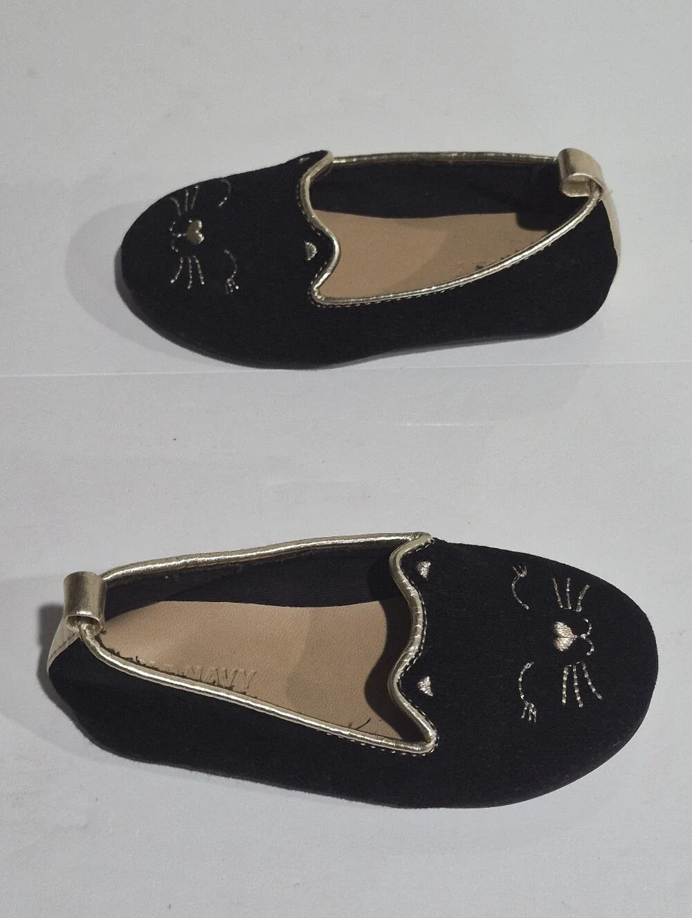 Old Navy Black & Gold Cat Baby Girl Faux Suede Critter Ballet Flats Size 6/13.5